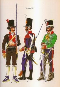 Distintos uniformes de los voluntarios navarros entre 1808 y 1813. Del libro "Uniformes españoles de la Guerra de Independencia". Por José María Bueno (1989)